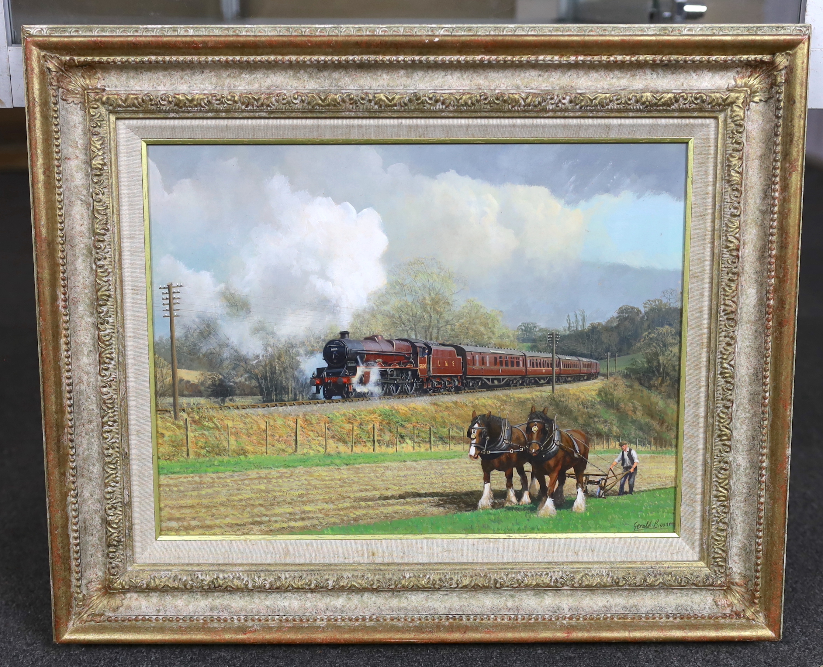 Gerald Broom (English, b.1944), LMS locomotive passing a ploughman, oil on board, 28 x 37cm